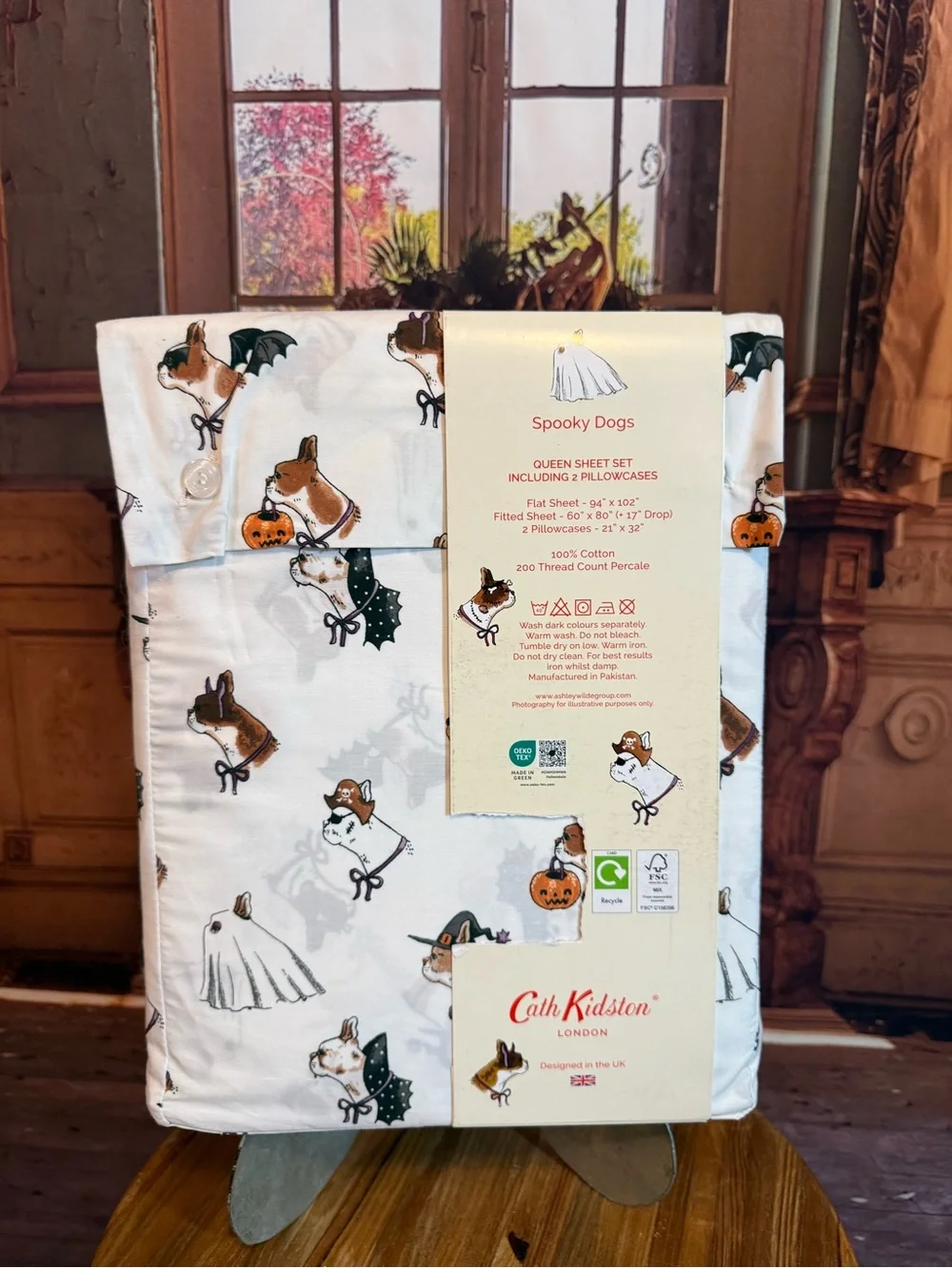 Cath Kidston Queen Sheet Set with Halloween Puppy Dog Cotton NWT Summerween